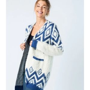 Merci Diamond Print Fuzzy Long Sweater Knit Open Front Cardigan Jacket Sz Small